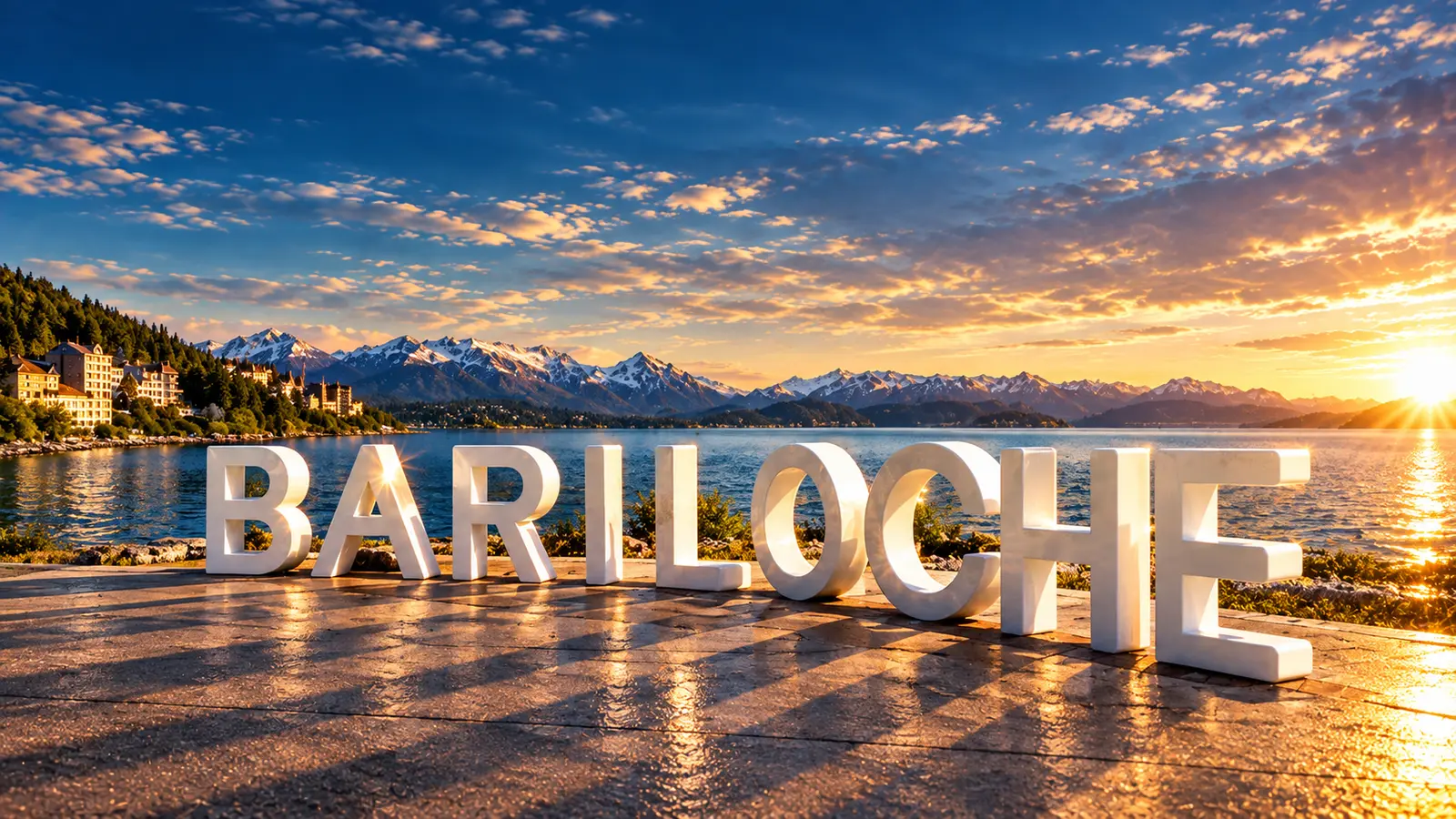 Letras de Bariloche frente al lago Nahuel Huapi al atardecer
