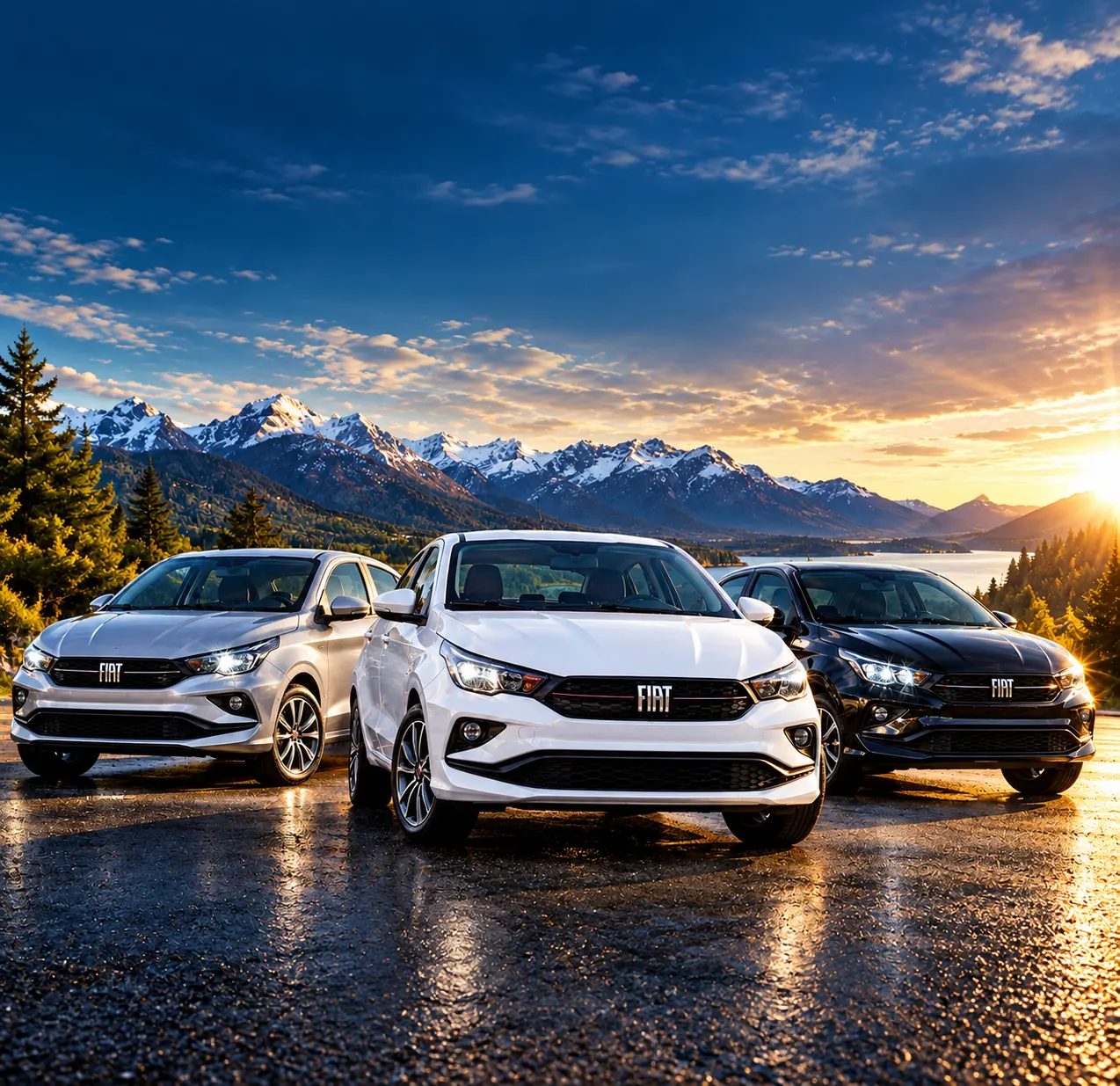 Tres Fiat Cronos frente a la cordillera patagónica al atardecer